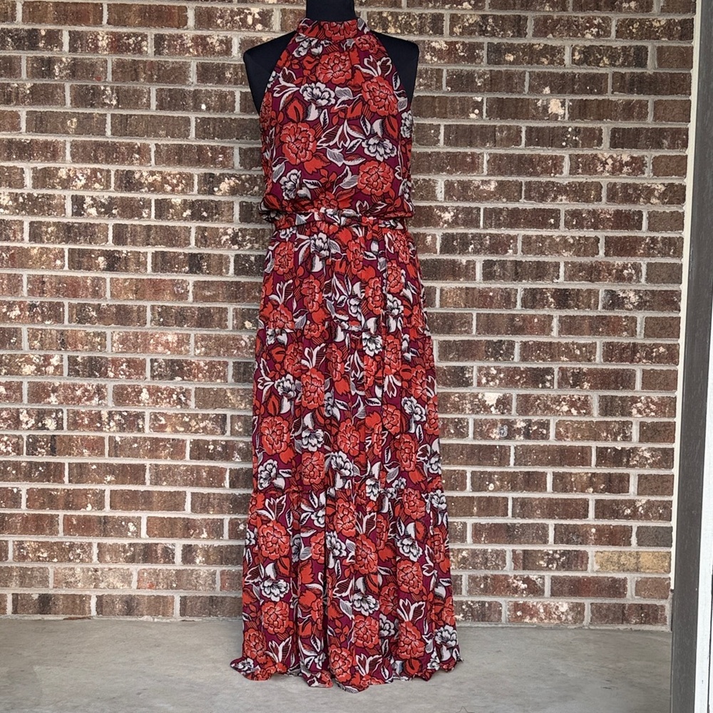 Julia Jordan Floral Maxi Dress Halter Burnt Orange Maroon Black Bold Size 8
